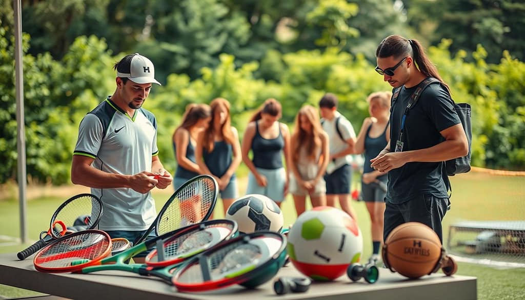 An innovative sports equipment display featuring eco-friendly gear such as biodegradable tennis rackets, recycled plastic footballs, and solar-powered wearable technology. In the foreground, an athlete in professional sports attire examines the equipment, showcasing a sense of partnership and collaboration. The middle ground includes a diverse team of athletes, dressed in modest casual clothing, engaging with the gear, emphasizing teamwork and sustainability. The background reveals a lush, green outdoor setting, symbolizing nature and environmental consciousness. Soft, natural lighting creates a warm, inviting atmosphere, while a slight depth of field focuses on the equipment, highlighting its sustainable features. The overall mood is inspiring and progressive, illustrating the future of sports through eco-innovation. An innovative sports equipment display featuring eco-friendly gear such as biodegradable tennis rackets, recycled plastic footballs, and solar-powered wearable technology. In the foreground, an athlete in professional sports attire examines the equipment, showcasing a sense of partnership and collaboration. The middle ground includes a diverse team of athletes, dressed in modest casual clothing, engaging with the gear, emphasizing teamwork and sustainability. The background reveals a lush, green outdoor setting, symbolizing nature and environmental consciousness. Soft, natural lighting creates a warm, inviting atmosphere, while a slight depth of field focuses on the equipment, highlighting its sustainable features. The overall mood is inspiring and progressive, illustrating the future of sports through eco-innovation.