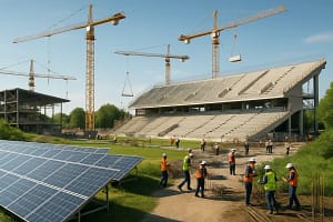 World Cup infrastructure upgrades at a modern soccer stadium with shaded seating