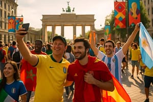 World Cup Travel crowd outside a stadium transit hub after a match