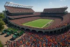 Public Stadium Spending debate outside a football venue with fans near construction fencing