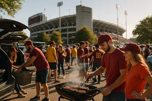College football attendance crowd entering a campus stadium before kickoff