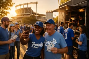 Royals Stadium Impact scene with fans walking near a downtown ballpark district