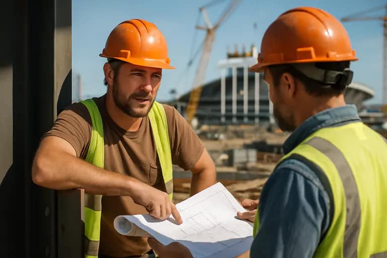 Construction workers and planners reviewing a large stadium site