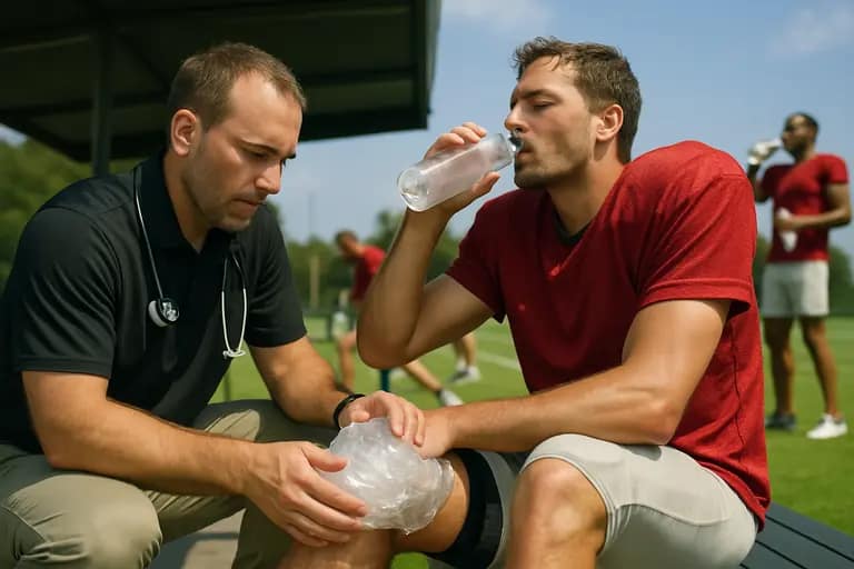 Training staff and coaches monitor players between football drills