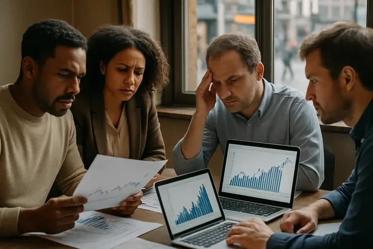 Analysts reviewing charts beside a model of a downtown development area