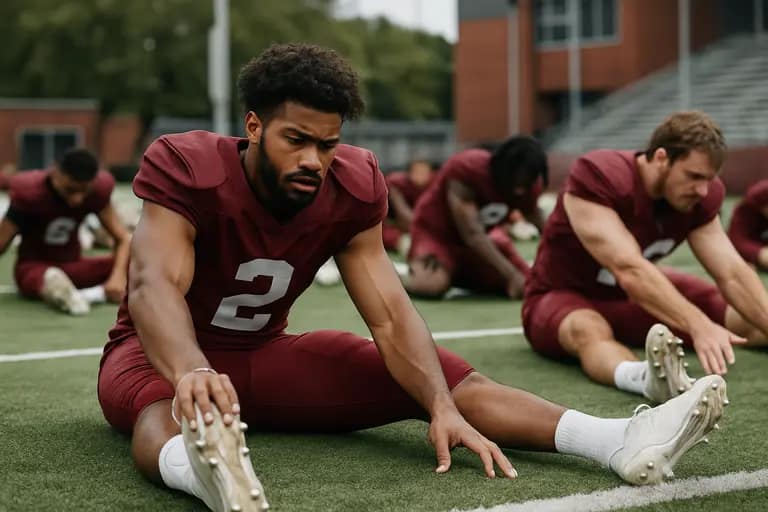College football players stretching after travel before practice
