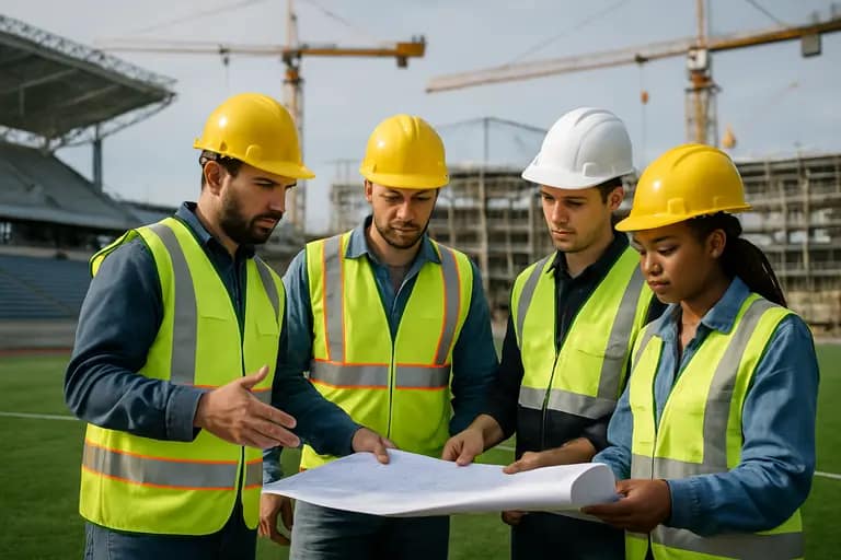 Construction crews working near a future sports venue site