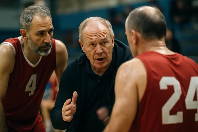 Veteran players and coaches talking during a timeout