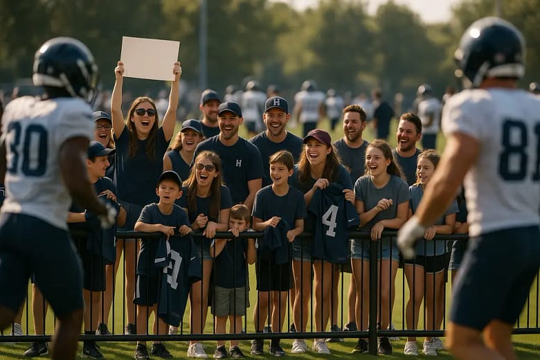 Fans watch open training camps from bleachers beside an NFL practice field
