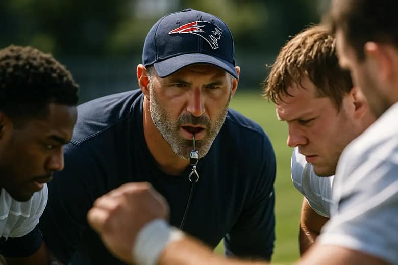 Patriots Training Camp practice scene with players working through contact drills