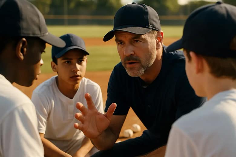 Team USA Coaching meeting on a baseball field before tournament drills