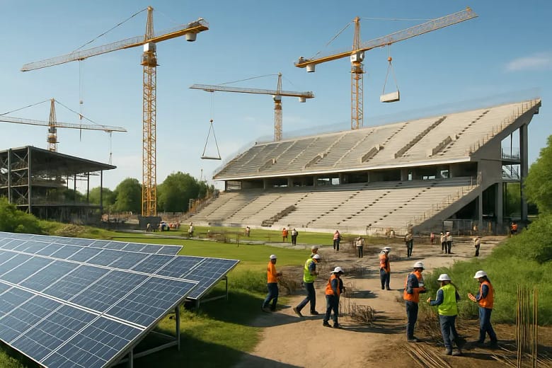 World Cup infrastructure upgrades at a modern soccer stadium with shaded seating