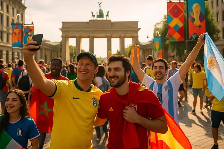World Cup Travel crowd outside a stadium transit hub after a match
