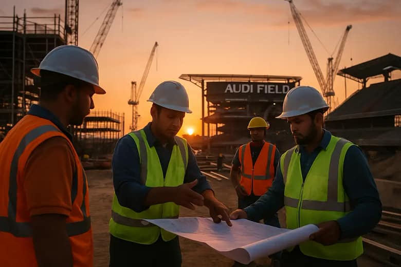 Audi Field Expansion site with workers near a soccer stadium concourse