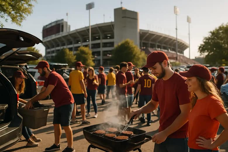 College football attendance crowd entering a campus stadium before kickoff