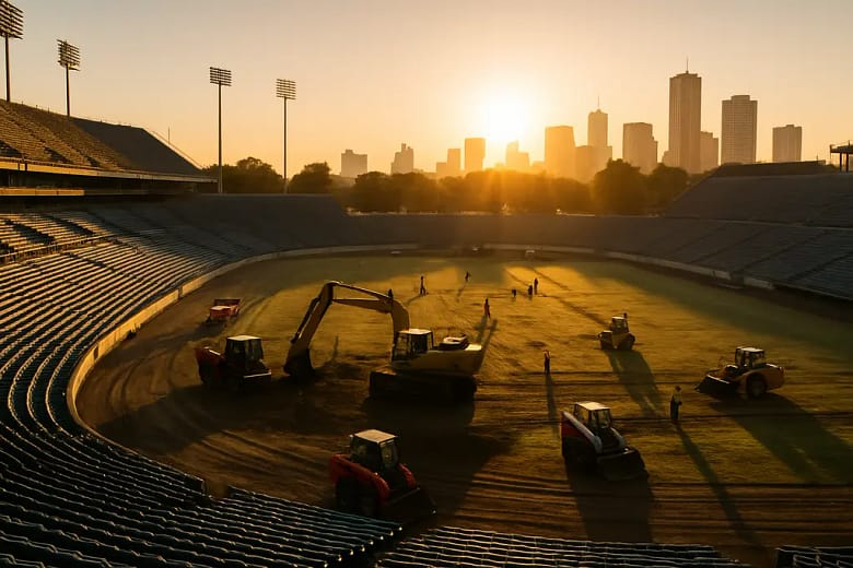 Jaguars schedule planning board beside a football stadium construction site