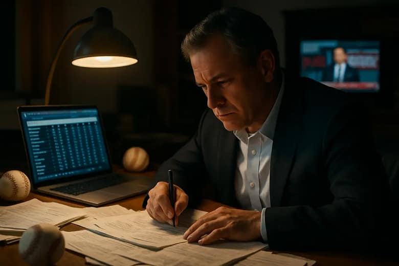 MLB Trade Deadline war room with baseball staff reviewing roster charts