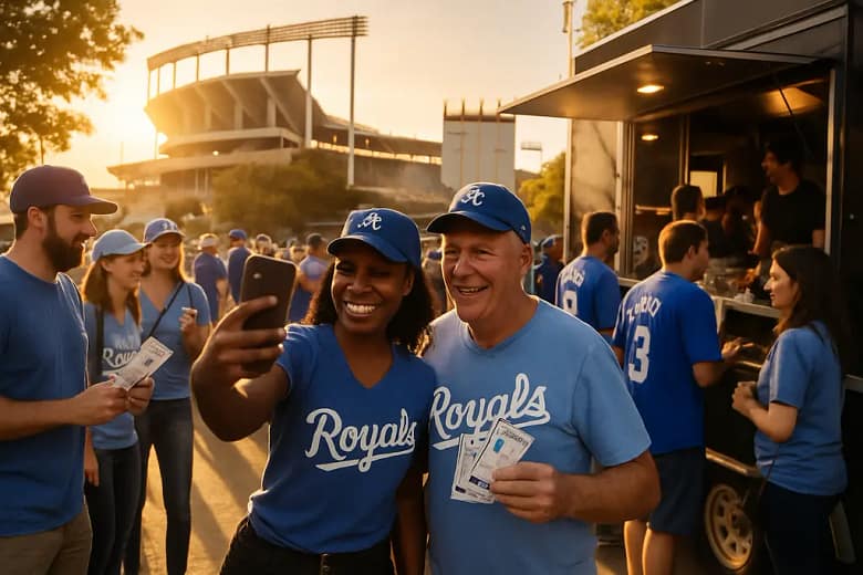 Royals Stadium Impact scene with fans walking near a downtown ballpark district