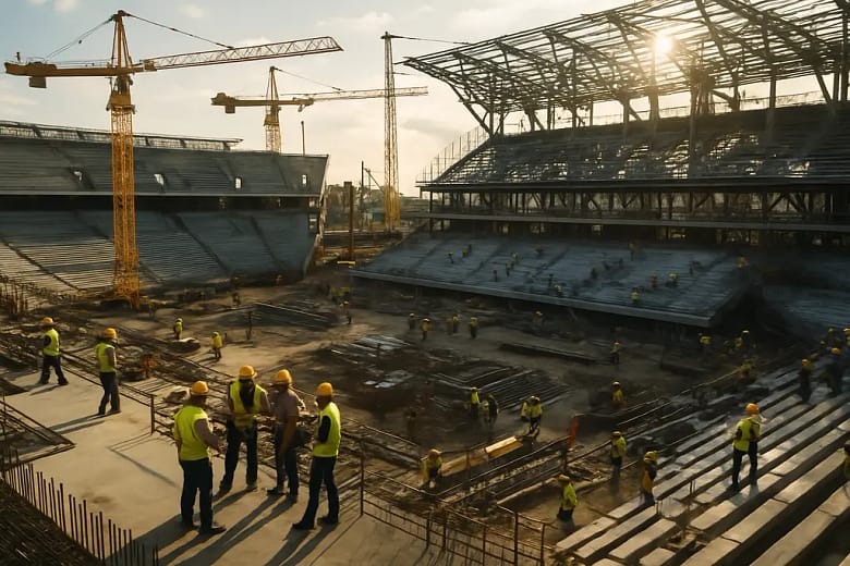 Venue infrastructure work at a modern stadium with transit, seating, and service areas