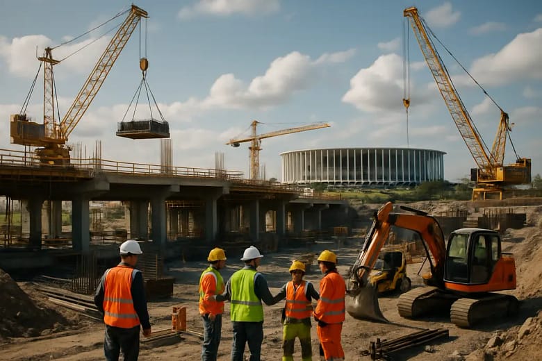 World Cup infrastructure with fans using transit near a stadium entrance