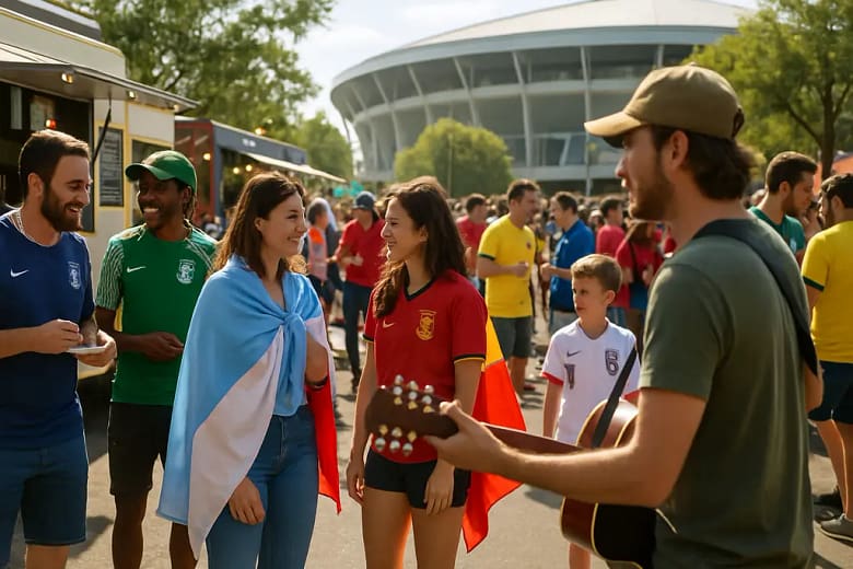 World Cup tourism crowds moving near a stadium transit hub after a 2026 match
