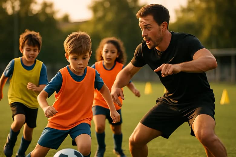 Youth soccer development camp with young players training on a full-size field